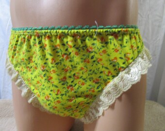 Yellow Floral Brushed Knit Bikini for Men, Green Trim, Cream Lace Legs- Size 40-43"