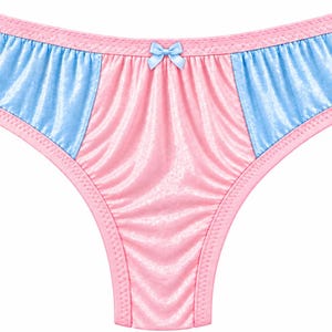 May include: A pair of pink and light blue panties featuring a shiny, crushed velvet-like texture. The garment has a central pink panel flanked by light blue side panels, finished with pink trim and a small light blue bow at the center waist.