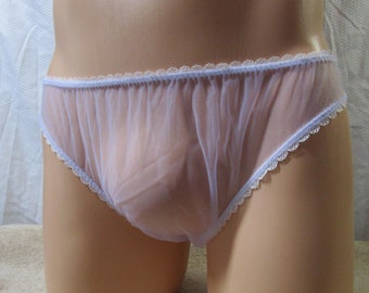 Sheer Lavender Mesh Bikini for Men, White Picot Trim - Size 32-35"