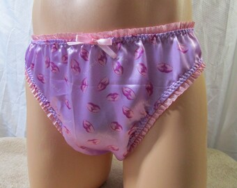 Satin Prints Bikini Man Panty, Spaced 1" Lace Butt, Silk Ruffle Trim - Custom Made