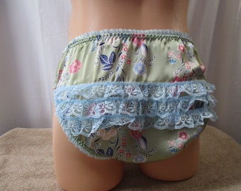 NEW LISTING** Satin Prints Bikini Man Panty, 2" Straight Lace Butt, Picot Trim - Custom Made