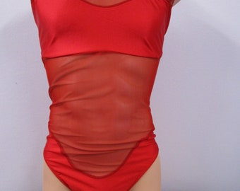 Size 47-52" Chest/37-42" Hips - Red Mesh & Spandex Leotard - 66-70" Girth