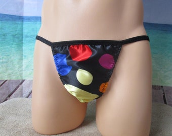 Klassischer String-Bikini aus Satin mit Regenbogen-Tupfenmuster für Herren – Größen XXS–5XL