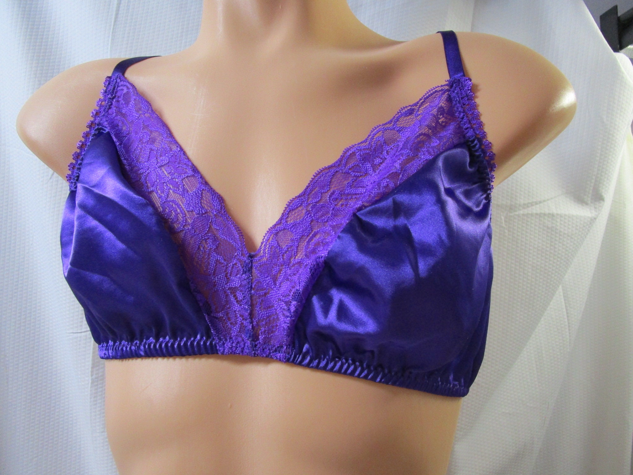 Purple Lace Front Man Bra, Adjustable Straps, Hook & Eye Back, Custom Made  