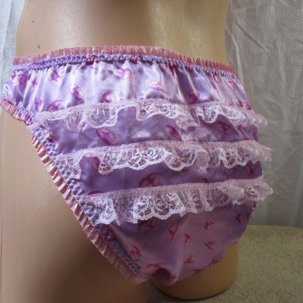 Kisses All-over Satin Prints Bikini Man Panty, Spaced Straight 1" Lace Butt, Silk Ruffle Trim