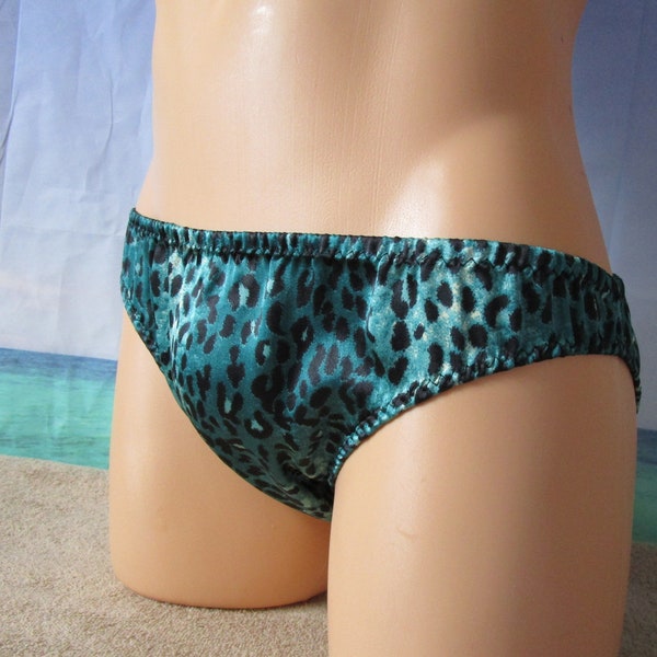 Leopard Satin Print Low Rise Bikini, Medium Man Front, No Trim