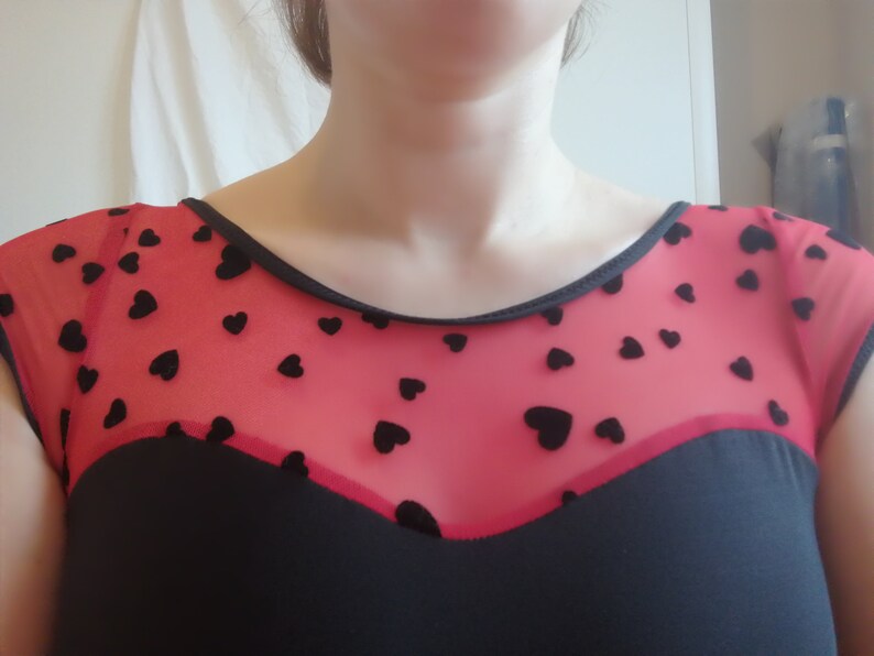 black with insert red veil with small hearts velvet sweetheart neckline Dance Leotard handmade