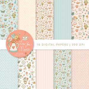 Papeles imprimibles del Día de la Madre, papel de descarga digital en 12x12 pulgadas, fondo botánico, teteras y tazas de té, álbum de recortes, fabricación de tarjetas