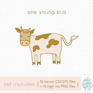 K&ouml;nnte beinhalten: Cartoon-Illustration eines jungen Bullen mit hellbraunem und wei&szlig;em K&ouml;rper und braunen Flecken. Der Text &bdquo;one young bull&ldquo; steht &uuml;ber dem Bullen. Das Bild enth&auml;lt auch den Text &bdquo;set includes&ldquo; und Dateitypinformationen.