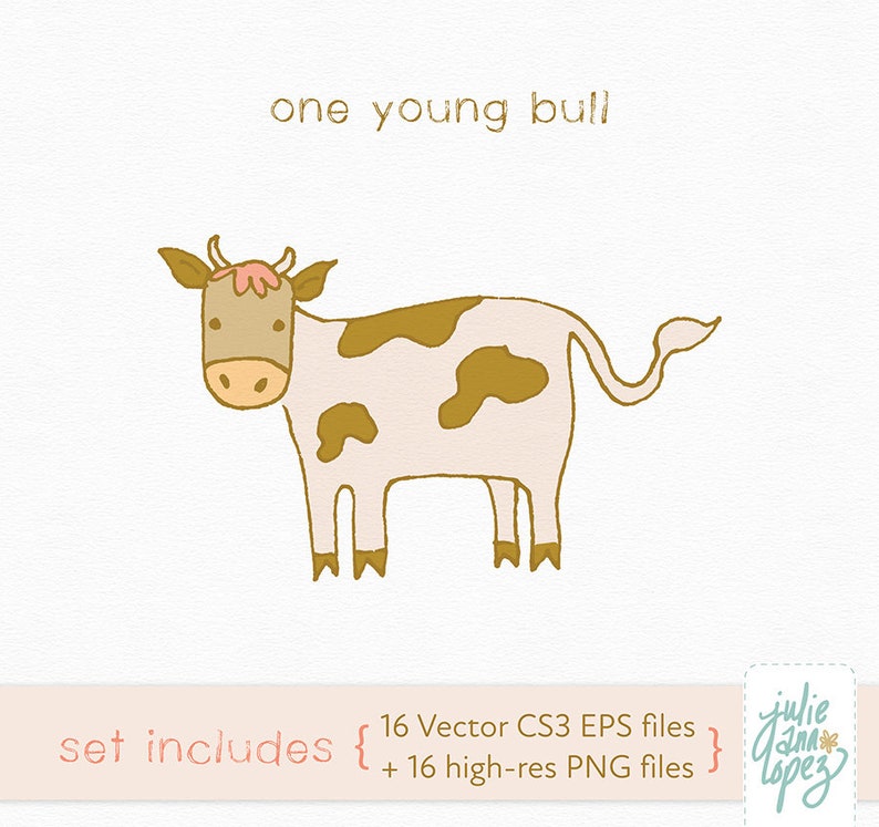 K&ouml;nnte beinhalten: Cartoon-Illustration eines jungen Bullen mit hellbraunem und wei&szlig;em K&ouml;rper und braunen Flecken. Der Text &bdquo;one young bull&ldquo; steht &uuml;ber dem Bullen. Das Bild enth&auml;lt auch den Text &bdquo;set includes&ldquo; und Dateitypinformationen.