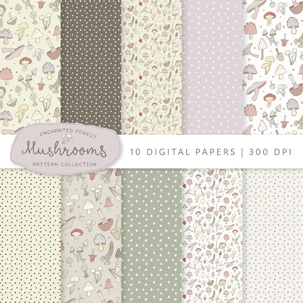 Mushroom printable papers, digital download paper in 12x12 inches, nature background, cottagecore, scrapbook, card-making