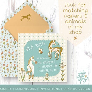 May include: A light blue card with white polka dots and a scalloped edge. The card says "We've Moved!" and includes a new address for "The Wilkerson's" at "27 Farmhouse Lane, Petaluma, CA 01110". The card features a cartoon illustration of two horses and a bee.