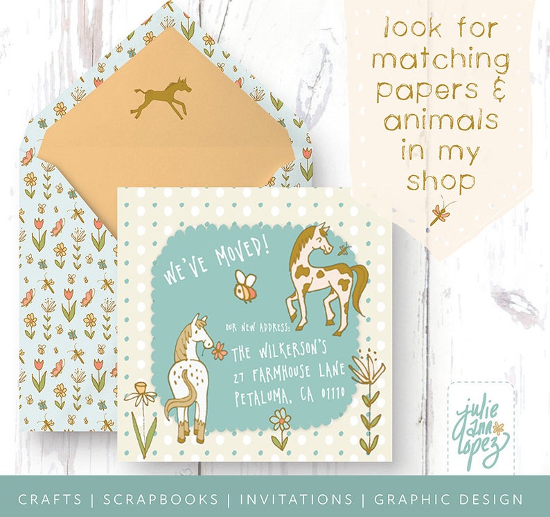 May include: A light blue card with white polka dots and a scalloped edge. The card says "We've Moved!" and includes a new address for "The Wilkerson's" at "27 Farmhouse Lane, Petaluma, CA 01110". The card features a cartoon illustration of two horses and a bee.