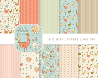 Farmhouse Chicken Digital Paper: Floral Scrapbook Backgrounds (Digital Download)