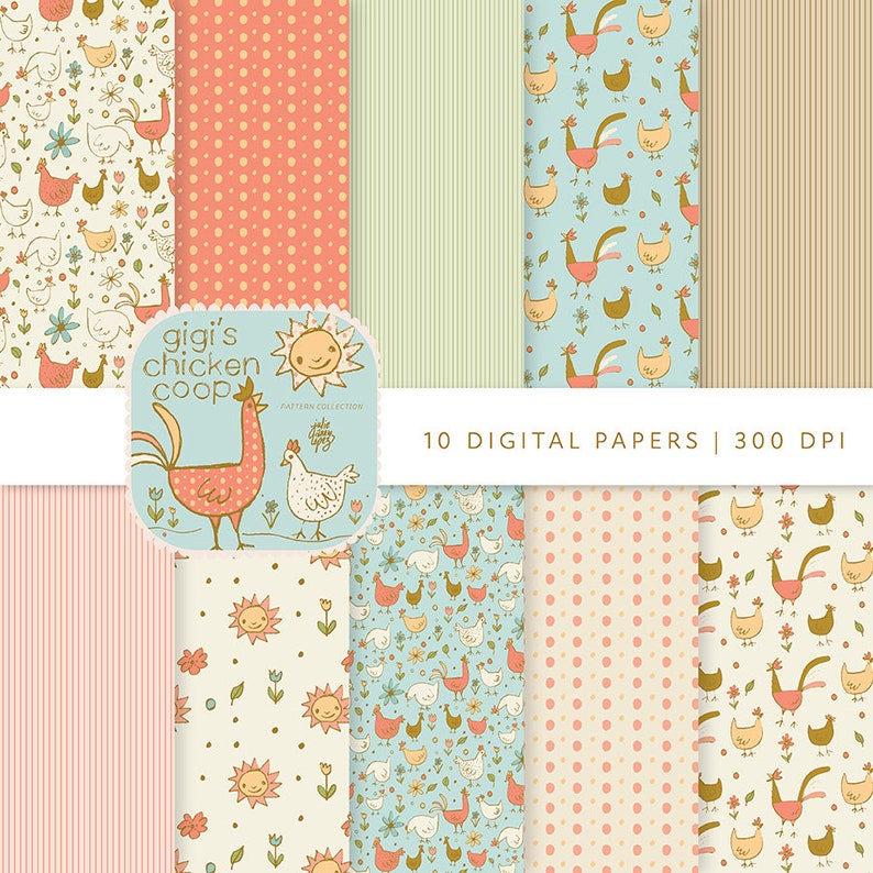 May include: A set of 10 digital papers featuring cute chicken illustrations in various patterns. The papers are perfect for crafting, scrapbooking, and other creative projects. The papers are 300 DPI and are available for instant download.