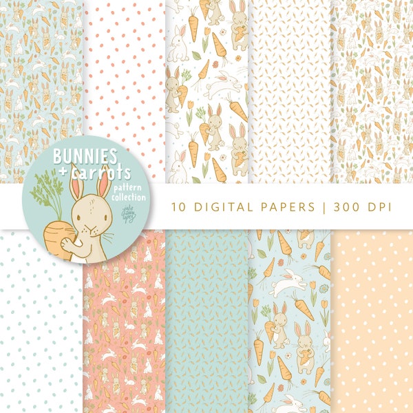 Bunnies and Carrots printable papers, springtime digital download paper in 12x12 inches, dot background, scrapbook, rabbits