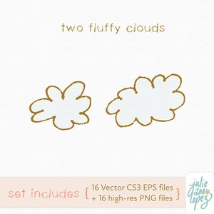K&ouml;nnte beinhalten: Zwei flauschige wei&szlig;e Wolkenillustrationen mit goldenen Umrissen auf wei&szlig;em Hintergrund. Der Text "two fluffy clouds" steht &uuml;ber den Wolken. Die W&ouml;rter "set includes" und Dateitypinformationen stehen darunter.
