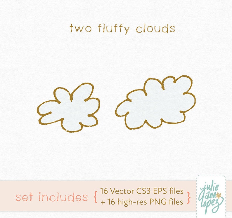 K&ouml;nnte beinhalten: Zwei flauschige wei&szlig;e Wolkenillustrationen mit goldenen Umrissen auf wei&szlig;em Hintergrund. Der Text "two fluffy clouds" steht &uuml;ber den Wolken. Die W&ouml;rter "set includes" und Dateitypinformationen stehen darunter.