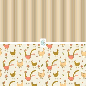 May include: A seamless pattern featuring a repeating design of stylized roosters and hens in shades of pink, yellow, and brown. The background is a light cream color with small green leaves and pink flowers. The pattern is framed by a brown and white striped border.