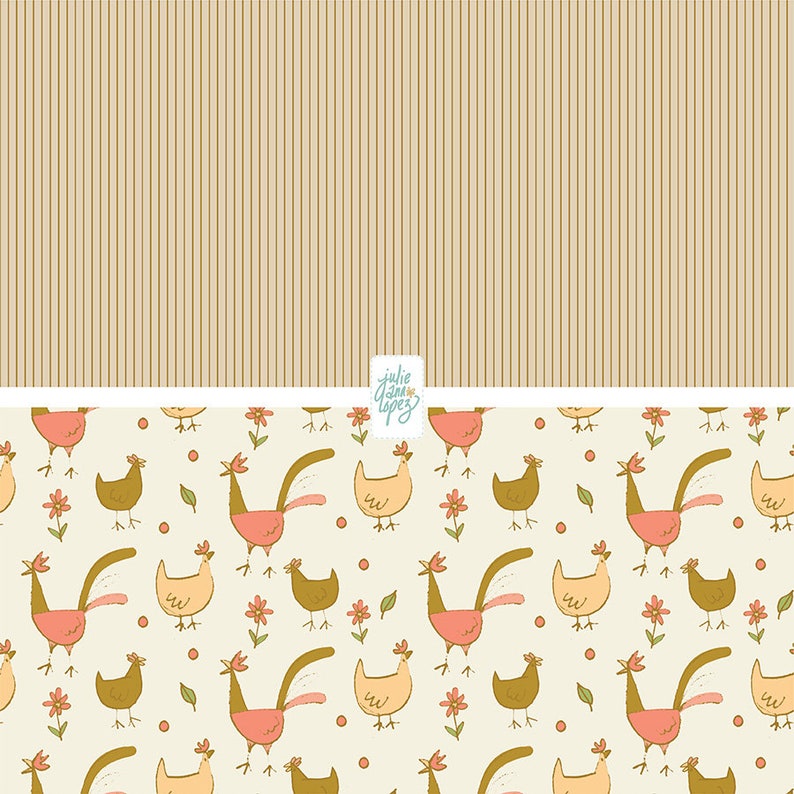 May include: A seamless pattern featuring a repeating design of stylized roosters and hens in shades of pink, yellow, and brown. The background is a light cream color with small green leaves and pink flowers. The pattern is framed by a brown and white striped border.
