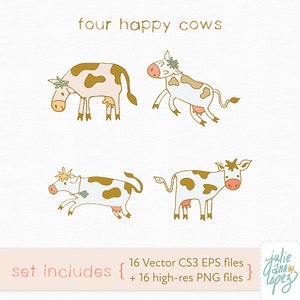 K&ouml;nnte beinhalten: Verspielte Illustration mit vier Cartoon-K&uuml;hen mit braunen Flecken und floralen Details. Der Text &bdquo;four happy cows&ldquo; steht &uuml;ber den K&uuml;hen. Das Bild enth&auml;lt den Text &bdquo;set includes&ldquo; und die Dateitypen.