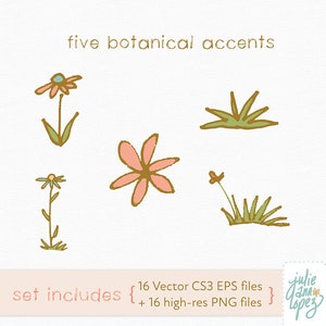 K&ouml;nnte beinhalten: Illustration von f&uuml;nf botanischen Akzenten, darunter Blumen und Gras, im handgezeichneten Stil. Der Text "five botanical accents" steht oben. Die W&ouml;rter "set includes" und Dateitypinformationen stehen unten.