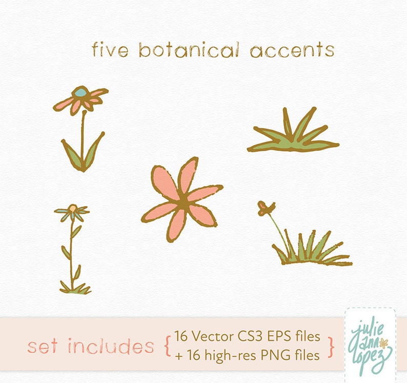 K&ouml;nnte beinhalten: Illustration von f&uuml;nf botanischen Akzenten, darunter Blumen und Gras, im handgezeichneten Stil. Der Text "five botanical accents" steht oben. Die W&ouml;rter "set includes" und Dateitypinformationen stehen unten.