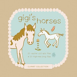 May include: A digital clipart collection of 20 horse illustrations in vector and PNG formats. The image shows two horses, one brown and one white, with a butterfly and a flower. The text "gigi's horses" is at the top of the image.