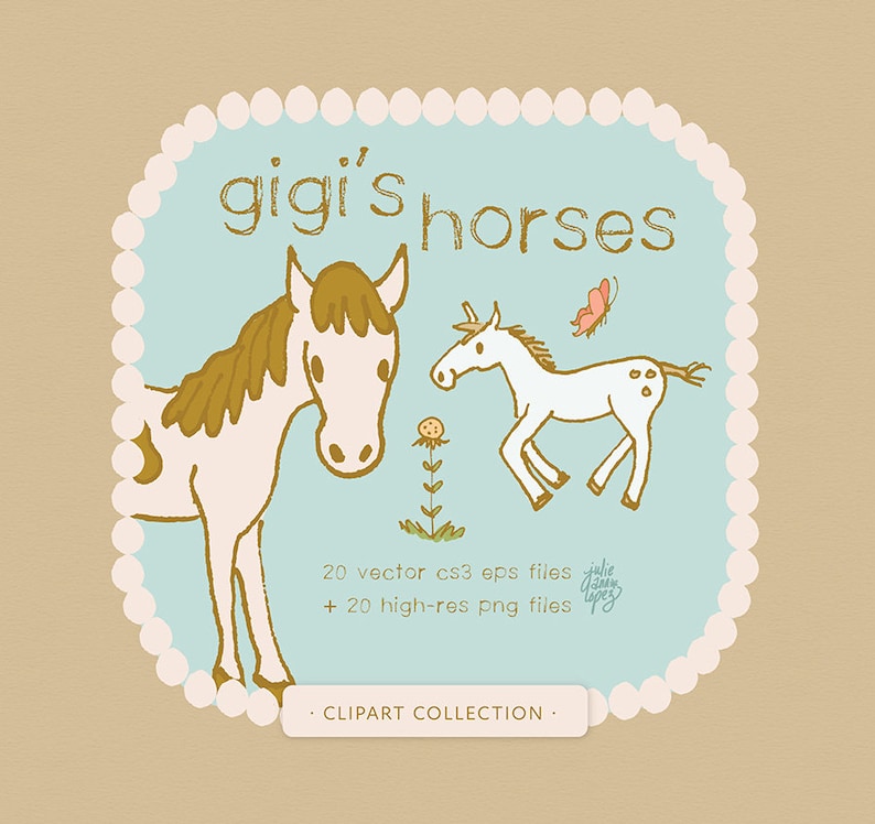 May include: A digital clipart collection of 20 horse illustrations in vector and PNG formats. The image shows two horses, one brown and one white, with a butterfly and a flower. The text "gigi's horses" is at the top of the image.