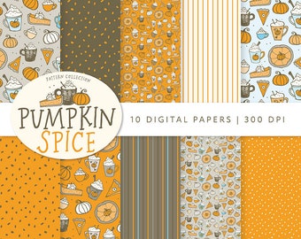 May include: A collection of ten digital papers with a pumpkin spice theme. The papers feature various patterns, including polka dots, stripes, and repeating illustrations of pumpkins, coffee, and pie. The words "Pumpkin Spice" are displayed in a circular design.