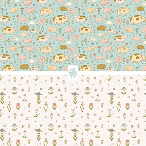 May include: A seamless pattern featuring a light blue background with a repeating design of brown pigs, flowers, and butterflies. The pattern is repeated in a smaller scale on a white background.