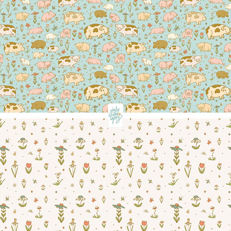 May include: A seamless pattern featuring a light blue background with a repeating design of brown pigs, flowers, and butterflies. The pattern is repeated in a smaller scale on a white background.