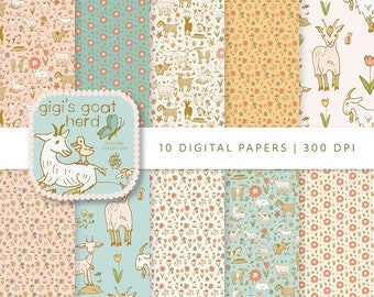 Gigi&#39;s Goats Digital Paper: Farm Floral Backgrounds (12x12 inches) (Digital Download)