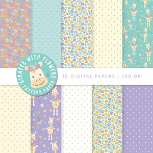 Cute giraffe printable papers, flowers digital download paper in 12x12 inches, floral background, scrapbook, planner