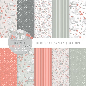 Happy Holidays printable papers, Christmas digital download paper in 12x12 inches, Winter, scrapbook, birds