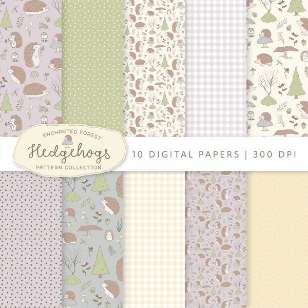 Hedgehog printable papers, digital download paper in 12x12 inches, forest background, cottage core, scrapbook, card-making