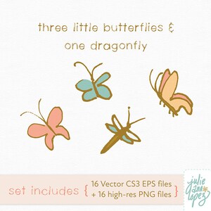 K&ouml;nnte beinhalten: Illustration von drei Schmetterlingen und einer Libelle in Pastellfarben mit goldenen Umrissen. Der Text lautet "three little butterflies & one dragonfly". Das Set enth&auml;lt 16 Vektor-EPS-Dateien und 16 hochaufl&ouml;sende PNG-Dateien.