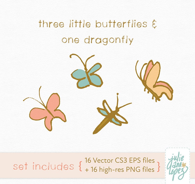 K&ouml;nnte beinhalten: Illustration von drei Schmetterlingen und einer Libelle in Pastellfarben mit goldenen Umrissen. Der Text lautet "three little butterflies & one dragonfly". Das Set enth&auml;lt 16 Vektor-EPS-Dateien und 16 hochaufl&ouml;sende PNG-Dateien.