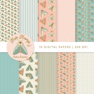 Moth Musings Digital Paper: Blue & Pink Patterns (12x12 inches) (Digital Download)