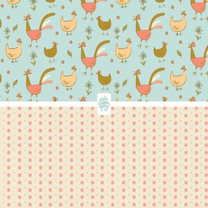 May include: A seamless pattern featuring a light blue background with a repeating design of yellow, brown, and pink chickens and roosters. The pattern is separated by a white line from a light beige background with a repeating pattern of small orange and pink dots.