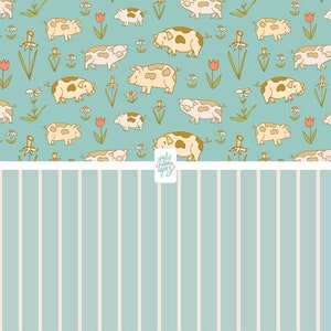 May include: A seamless pattern featuring a light blue background with a repeating pattern of pink and yellow flowers, green leaves, and brown and white pigs. The pattern is divided in half horizontally with a white line and a light blue and white striped pattern below.