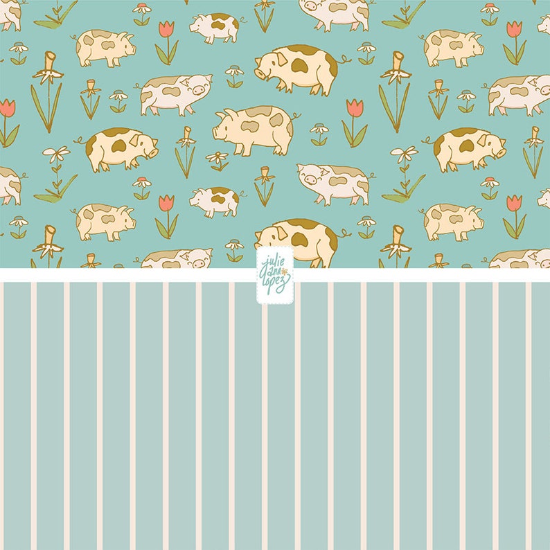 May include: A seamless pattern featuring a light blue background with a repeating pattern of pink and yellow flowers, green leaves, and brown and white pigs. The pattern is divided in half horizontally with a white line and a light blue and white striped pattern below.