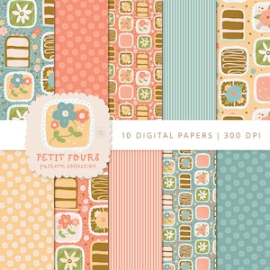 May include: A set of ten digital papers with a "Petit Fours" pattern. The designs include polka dots, stripes, and repeating patterns of decorated cakes and floral squares. The colour palette features teal, peach, and brown shades.