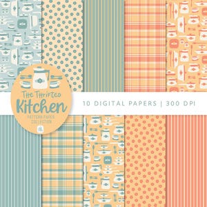 Puede incluir: Diez papeles digitales con patrones temáticos de cocina en tonos pastel. Los diseños incluyen patrones florales, de rayas y a cuadros. Los papeles presentan teteras, utensilios y otras ilustraciones de cocina. El texto "The Thrifted Kitchen" se muestra.