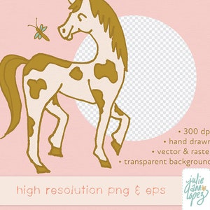 May include: A hand-drawn illustration of a brown and white spotted horse with a gold mane and tail. The horse is standing on a pink background with a transparent circle behind it. The image is 300 dpi and includes a small blue butterfly.