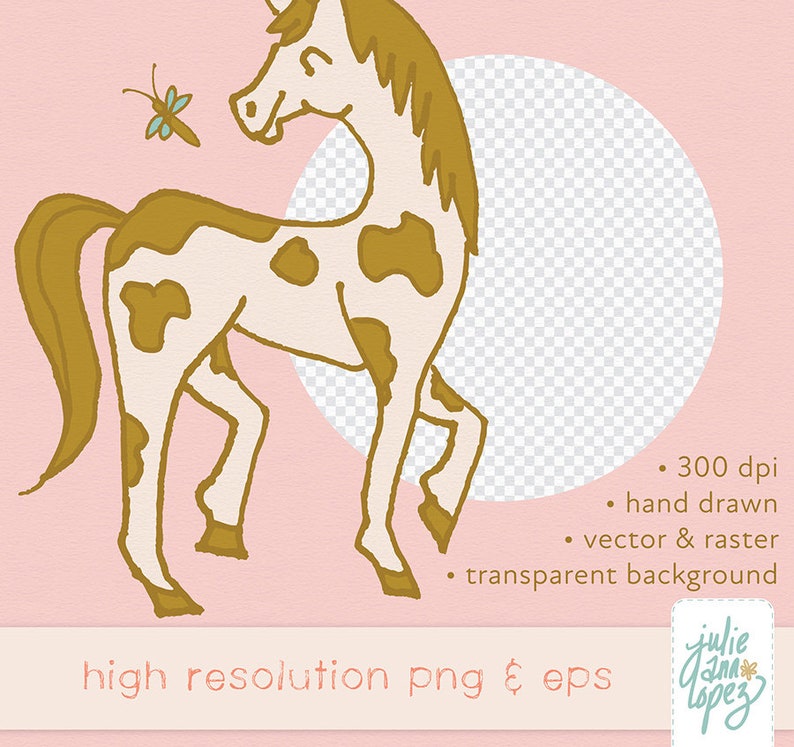 May include: A hand-drawn illustration of a brown and white spotted horse with a gold mane and tail. The horse is standing on a pink background with a transparent circle behind it. The image is 300 dpi and includes a small blue butterfly.