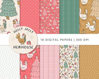 Weihnachtshuhn Digitales Papier: Holly Jolly Henhouse Patterns (30x30cm) (Digital Download