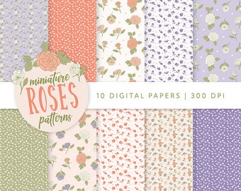May include: A collection of ten digital papers featuring miniature rose patterns. The papers display various floral designs in shades of pink, peach, purple, and green. The image includes a circular logo with the text "miniature ROSES patterns".