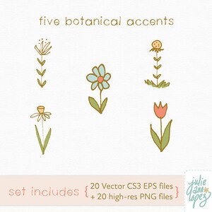 May include: Five hand-drawn botanical accents in a minimalist style. The accents include a dandelion, a daisy, a blue flower, a small flower with a white center, and a red tulip.