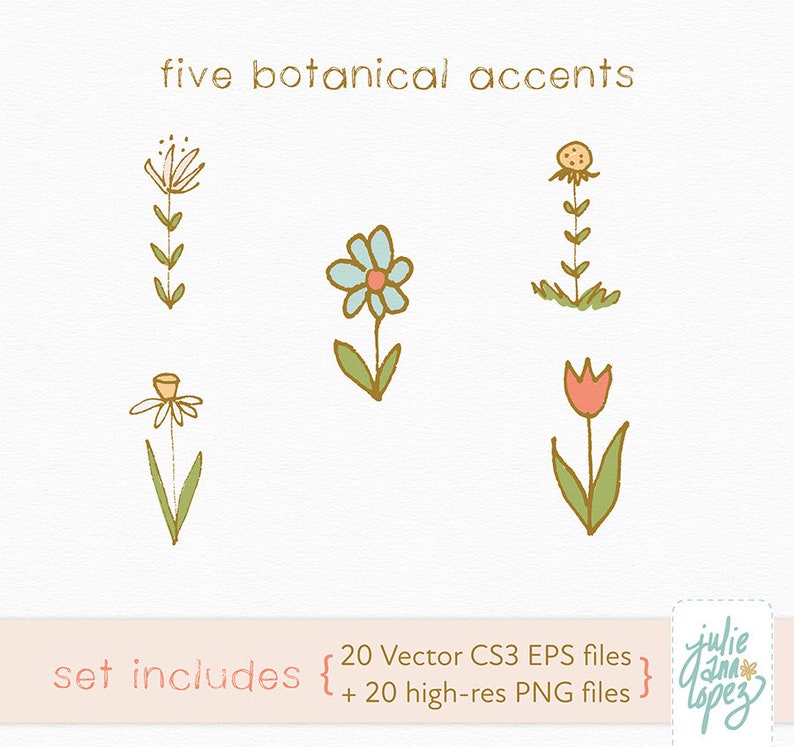 May include: Five hand-drawn botanical accents in a minimalist style. The accents include a dandelion, a daisy, a blue flower, a small flower with a white center, and a red tulip.